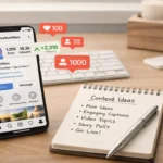 Phone showing Instagram growth with content planning setup for organic followers