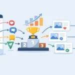 Instagram algorithm concept showing engagement signals and content ranking flow